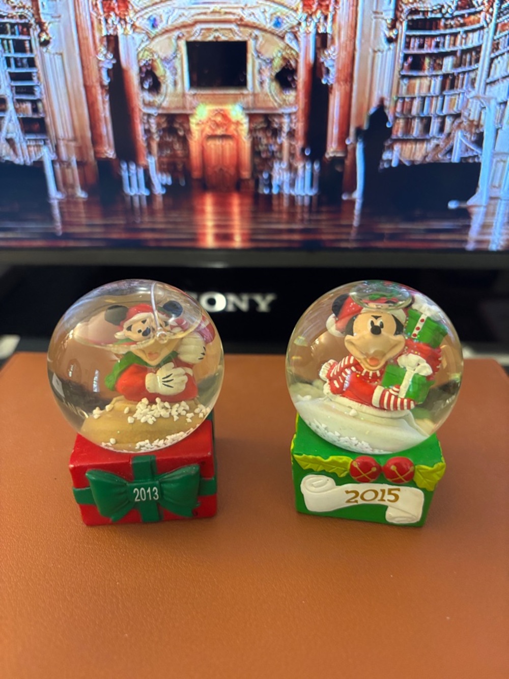 J C Penny 2013 and 2015 Mickey Mouse Mini Snow Globes- set of two